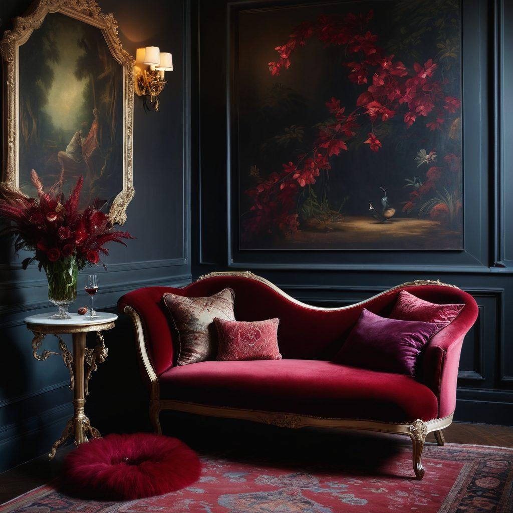 A captivating scene in an intimate, dimly lit room featuring a luxurious velvet chaise lounge adorned with soft pillows. Subtle shadows create an ambiance of mystery, while a collection of playful accessories like feather boas and silk ties lay artfully arranged nearby. A glass of deep red wine rests on a small, ornate table, inviting curiosity. The background hints at an elegant mural depicting romantic silhouettes. dark ambiance, alluring colors, super-realistic.